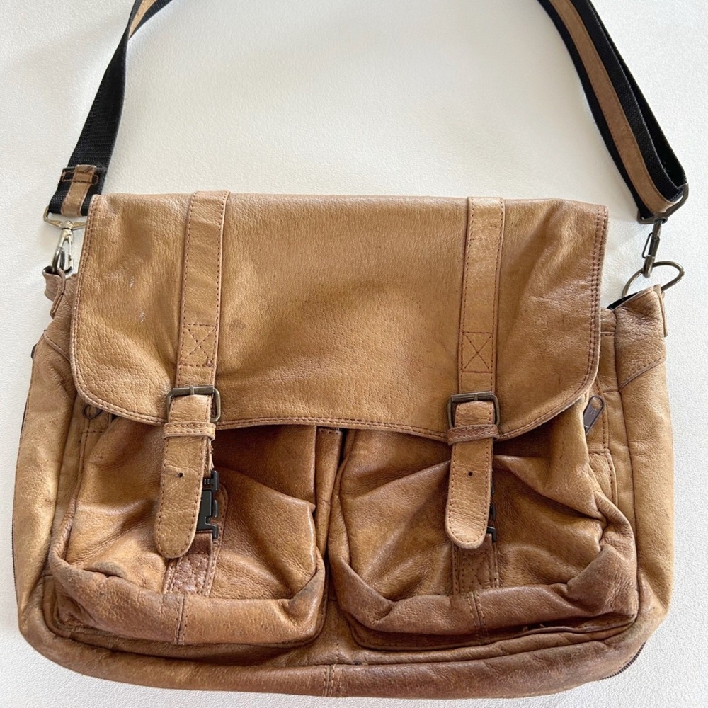 Unisex Vintage Messenger Bag Tan Brown Distressed Leather Satchel Academic Boho